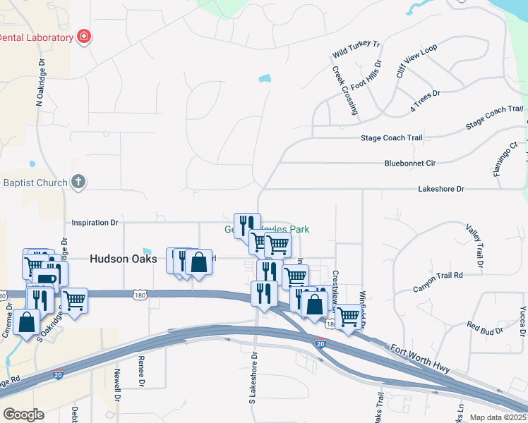 map of restaurants, bars, coffee shops, grocery stores, and more near 3205 Inspiration Drive in Hudson Oaks