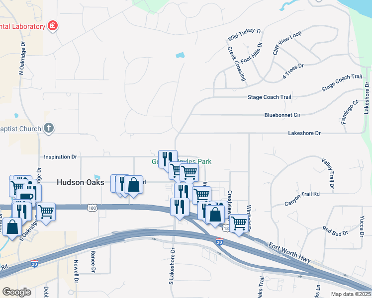map of restaurants, bars, coffee shops, grocery stores, and more near 3205 Inspiration Drive in Hudson Oaks