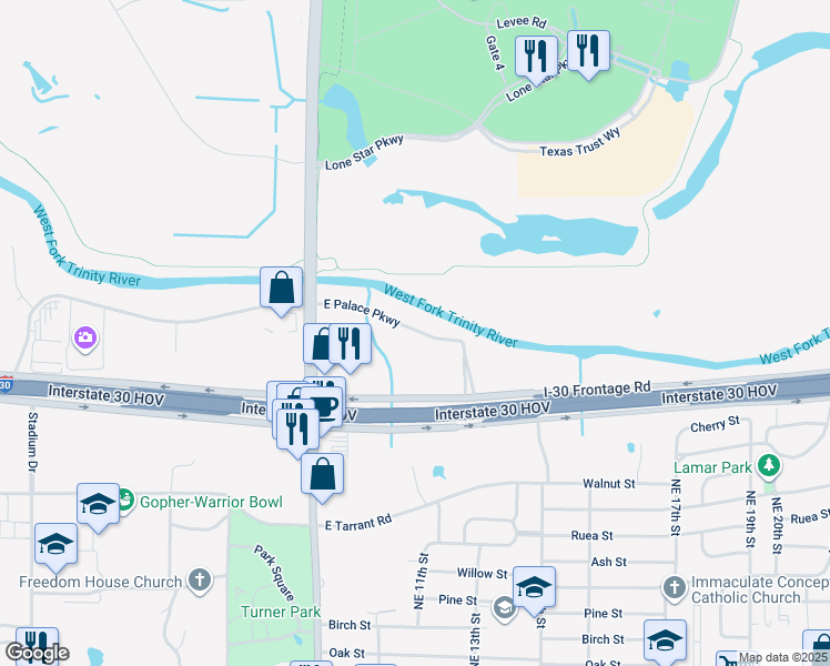 map of restaurants, bars, coffee shops, grocery stores, and more near 899 North Belt Line Road in Grand Prairie