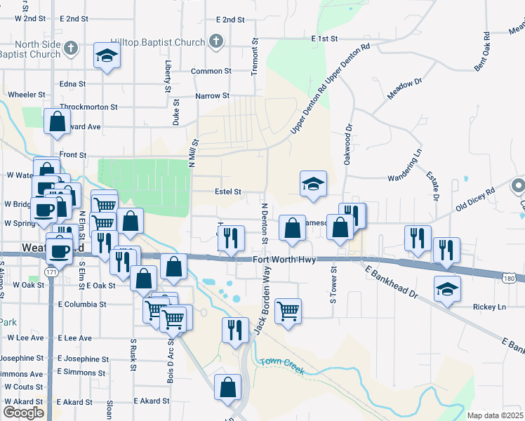 map of restaurants, bars, coffee shops, grocery stores, and more near 205 North Denton Street in Weatherford