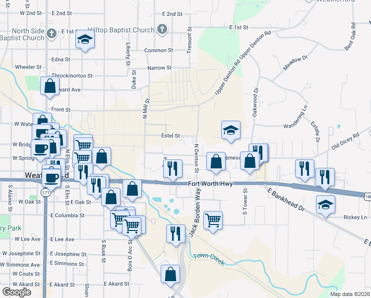 map of restaurants, bars, coffee shops, grocery stores, and more near 215 North Denton Street in Weatherford