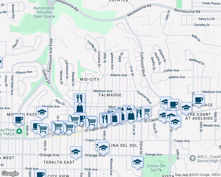 map of restaurants, bars, coffee shops, grocery stores, and more near 4621 49th Street in San Diego