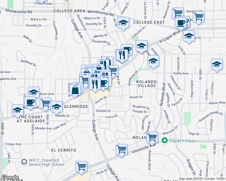 map of restaurants, bars, coffee shops, grocery stores, and more near 6219 Stanley Avenue in San Diego