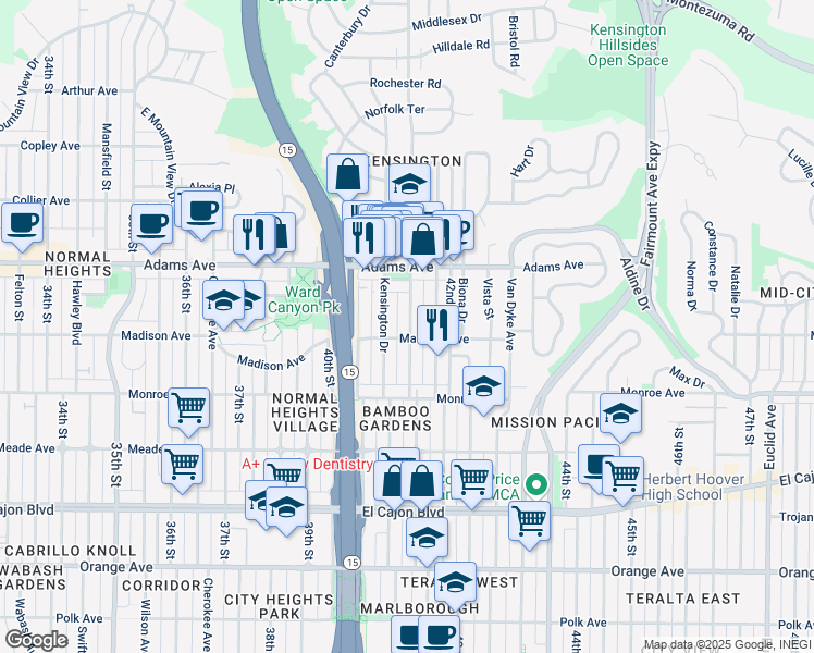 map of restaurants, bars, coffee shops, grocery stores, and more near 4610 1/2 Marlborough Drive in San Diego