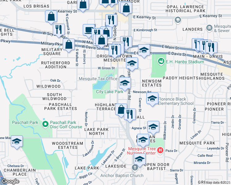 map of restaurants, bars, coffee shops, grocery stores, and more near 603 South Galloway Avenue in Mesquite