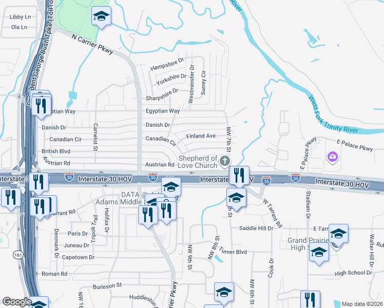 map of restaurants, bars, coffee shops, grocery stores, and more near 745 Greenland Way in Grand Prairie