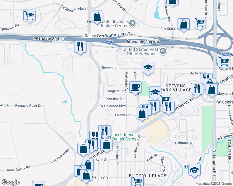 map of restaurants, bars, coffee shops, grocery stores, and more near 2932 Tangiers Drive in Dallas
