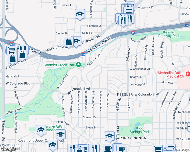 map of restaurants, bars, coffee shops, grocery stores, and more near West Canterbury Court in Dallas