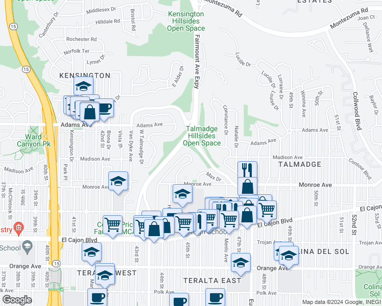 map of restaurants, bars, coffee shops, grocery stores, and more near 4599 Highland Avenue in San Diego