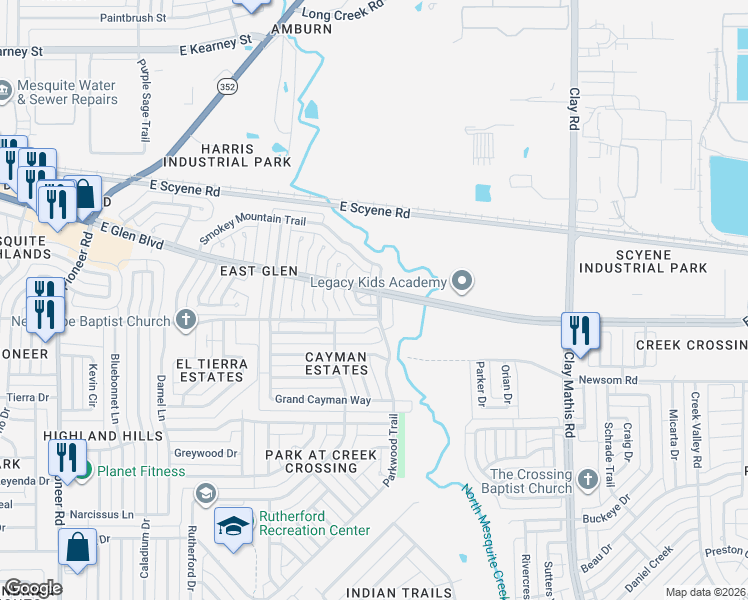 map of restaurants, bars, coffee shops, grocery stores, and more near 526 Stonewall Way in Mesquite
