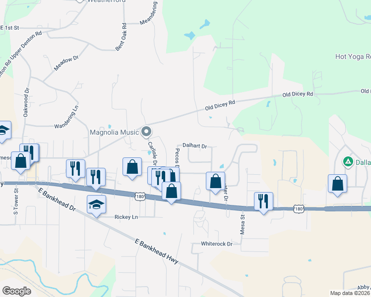 map of restaurants, bars, coffee shops, grocery stores, and more near 355 Dalhart Drive in Weatherford