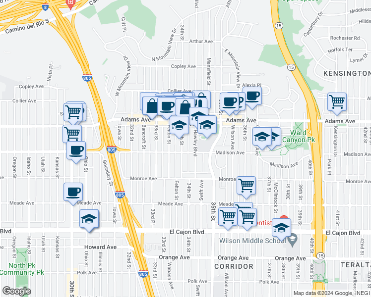 map of restaurants, bars, coffee shops, grocery stores, and more near 4609 34th Street in San Diego