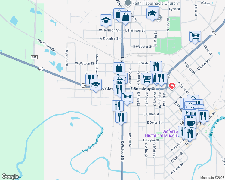 map of restaurants, bars, coffee shops, grocery stores, and more near 202 Texas 49 in Jefferson