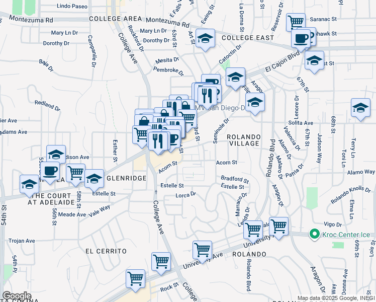map of restaurants, bars, coffee shops, grocery stores, and more near 6219 Stanley Avenue in San Diego