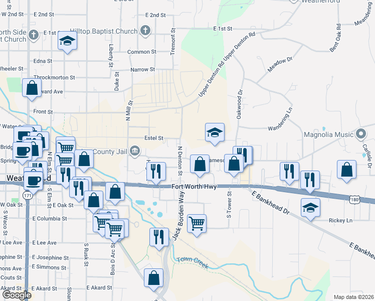 map of restaurants, bars, coffee shops, grocery stores, and more near 210 North Denton Street in Weatherford