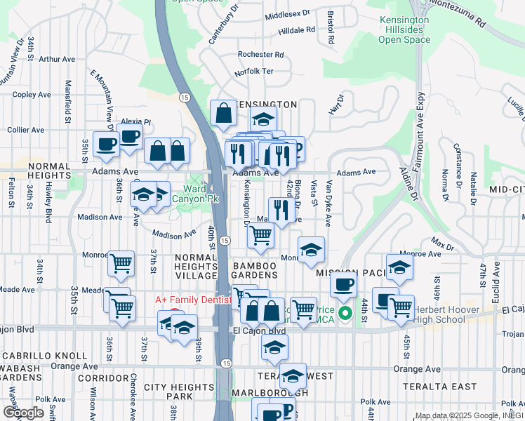 map of restaurants, bars, coffee shops, grocery stores, and more near 4612 Marlborough Drive in San Diego