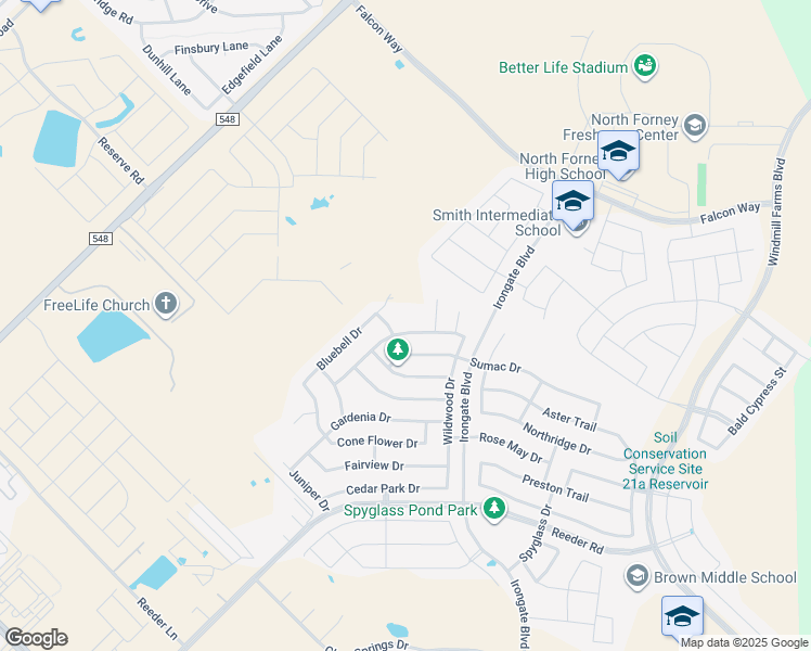map of restaurants, bars, coffee shops, grocery stores, and more near 2025 Fair Crest Trail in Forney