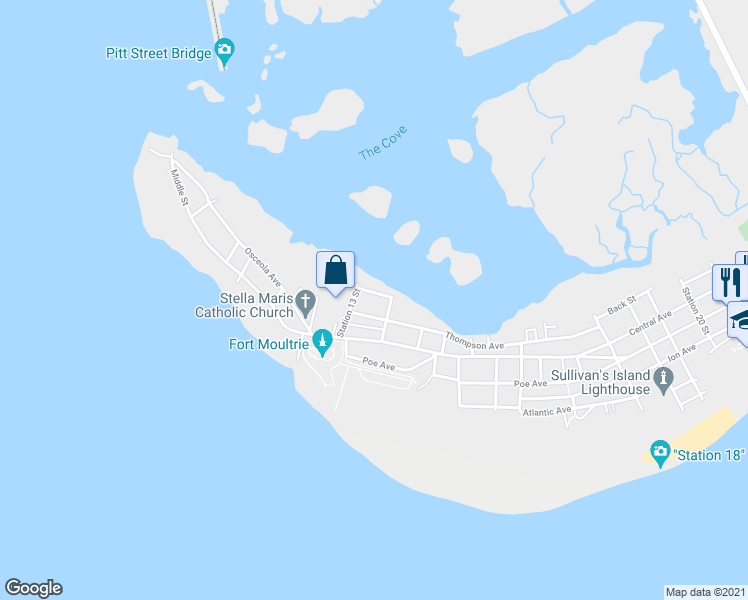 map of restaurants, bars, coffee shops, grocery stores, and more near 1311 Cove Avenue in Sullivan's Island