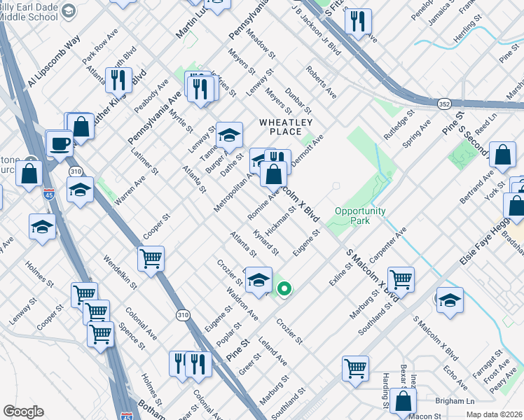 map of restaurants, bars, coffee shops, grocery stores, and more near 3800 Wilder Street in Dallas