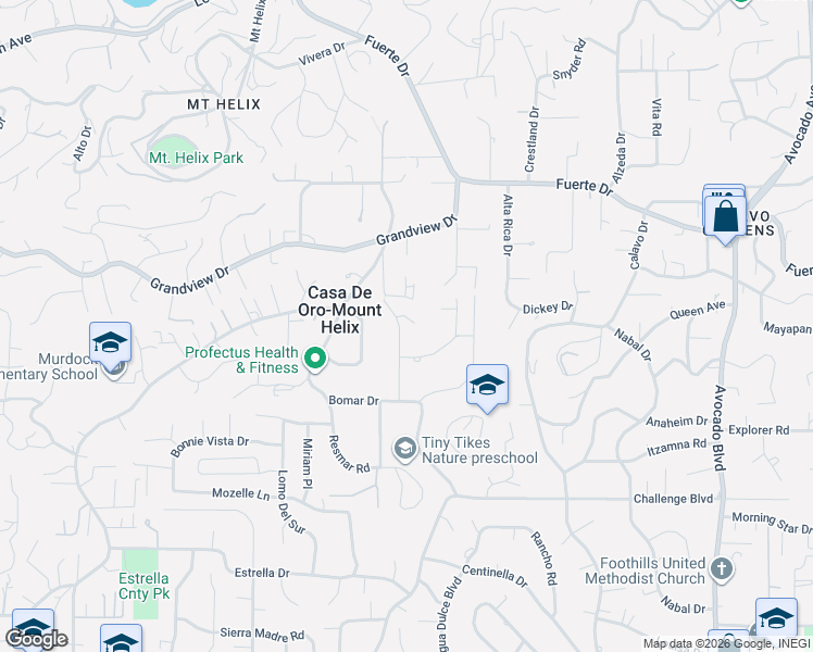 map of restaurants, bars, coffee shops, grocery stores, and more near 4555 Peak Court in La Mesa