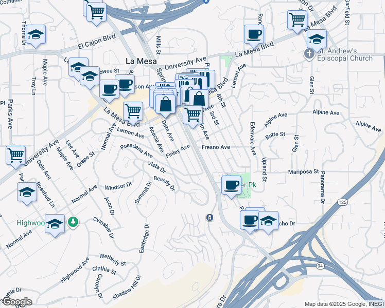 map of restaurants, bars, coffee shops, grocery stores, and more near 8255 Finley Avenue in La Mesa