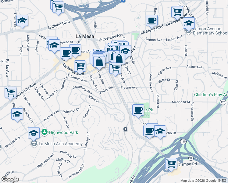 map of restaurants, bars, coffee shops, grocery stores, and more near 8255 Finley Avenue in La Mesa