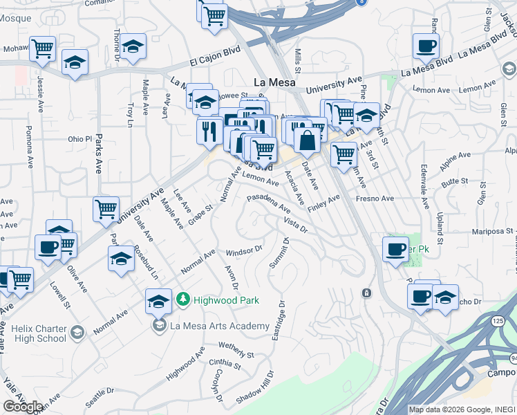 map of restaurants, bars, coffee shops, grocery stores, and more near 8041 Vista Drive in La Mesa