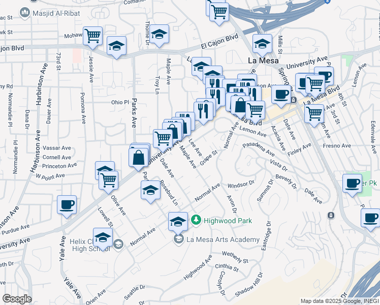map of restaurants, bars, coffee shops, grocery stores, and more near 4563 Maple Avenue in La Mesa