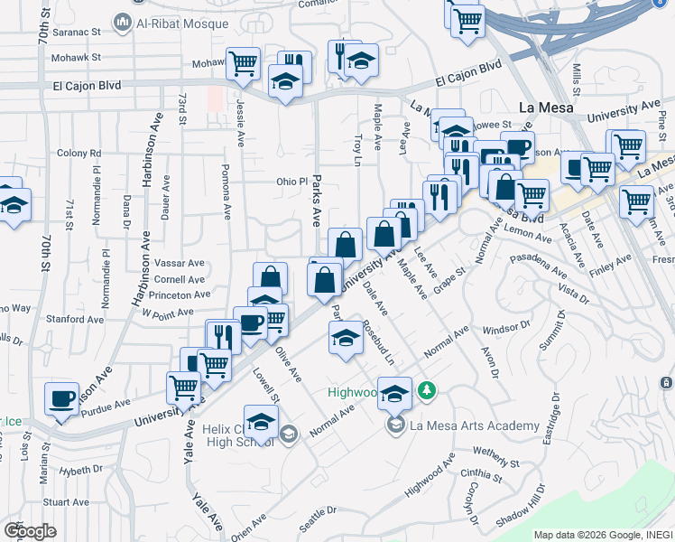 map of restaurants, bars, coffee shops, grocery stores, and more near 4545 Parks Avenue in La Mesa