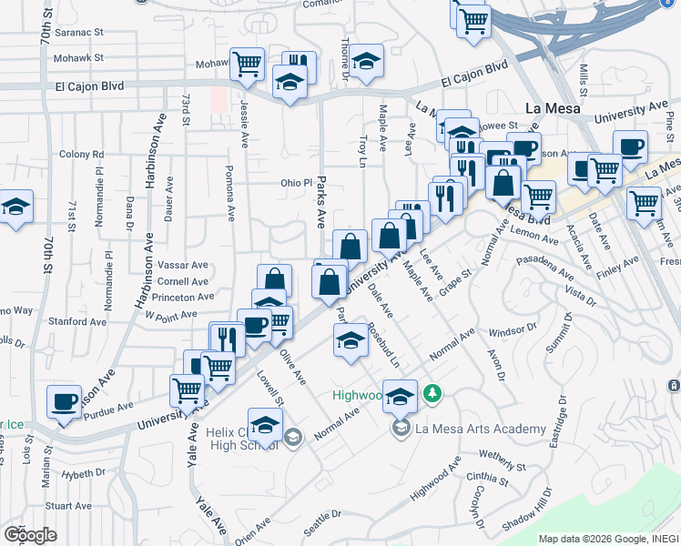 map of restaurants, bars, coffee shops, grocery stores, and more near 4545 Parks Avenue in La Mesa