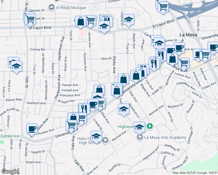 map of restaurants, bars, coffee shops, grocery stores, and more near 7575 Seneca Place in La Mesa