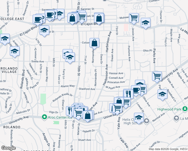 map of restaurants, bars, coffee shops, grocery stores, and more near 4555 71st Street in La Mesa