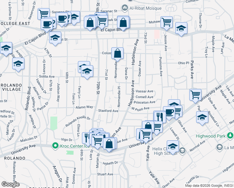 map of restaurants, bars, coffee shops, grocery stores, and more near 4555 71st Street in La Mesa
