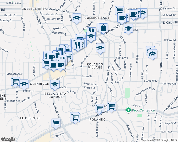 map of restaurants, bars, coffee shops, grocery stores, and more near 4623 Catherine Avenue in San Diego