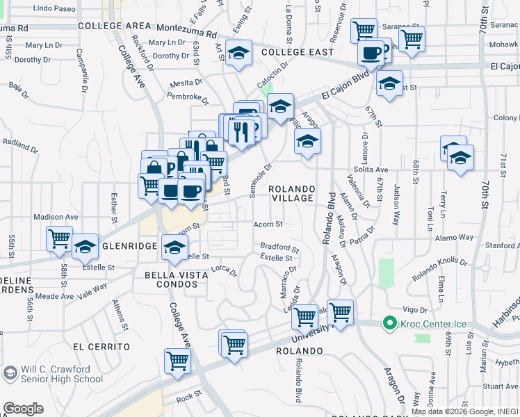map of restaurants, bars, coffee shops, grocery stores, and more near 4650 Seminole Drive in San Diego