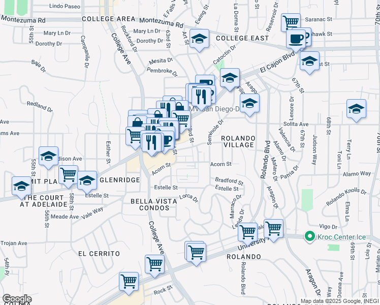 map of restaurants, bars, coffee shops, grocery stores, and more near 6264 1/2 Stanley Avenue in San Diego