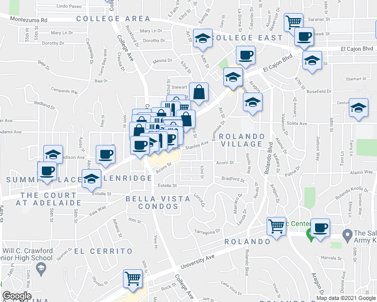 map of restaurants, bars, coffee shops, grocery stores, and more near 6264 1/2 Stanley Avenue in San Diego