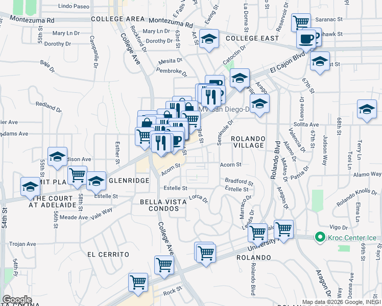 map of restaurants, bars, coffee shops, grocery stores, and more near 6264 1/2 Stanley Avenue in San Diego