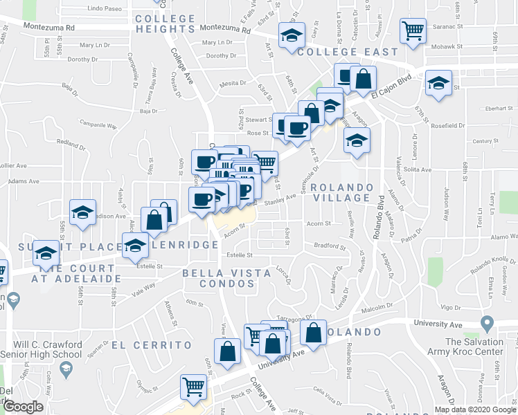 map of restaurants, bars, coffee shops, grocery stores, and more near 6165 El Cajon Boulevard in San Diego