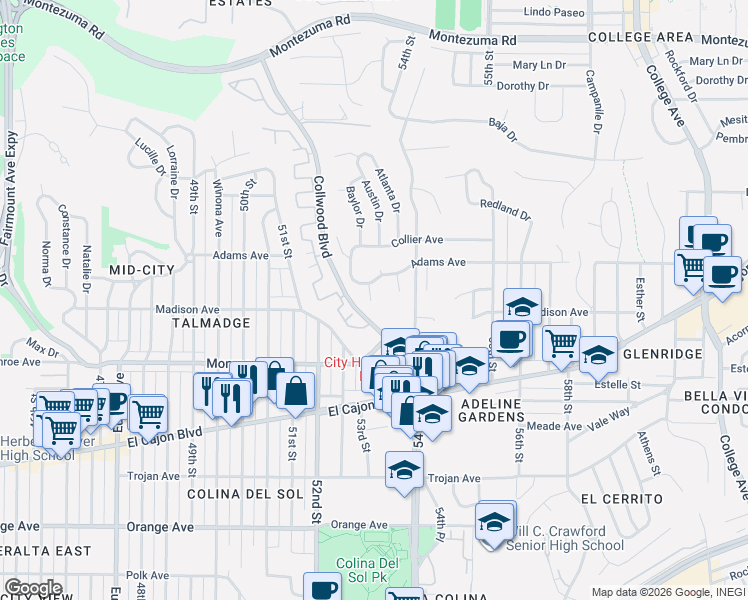 map of restaurants, bars, coffee shops, grocery stores, and more near 4633 Antioch Place in San Diego