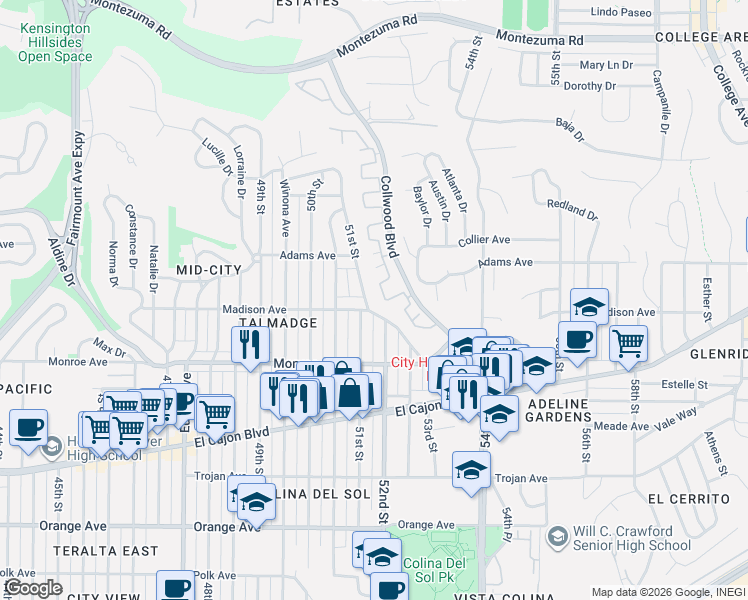 map of restaurants, bars, coffee shops, grocery stores, and more near 4619 51st Street in San Diego
