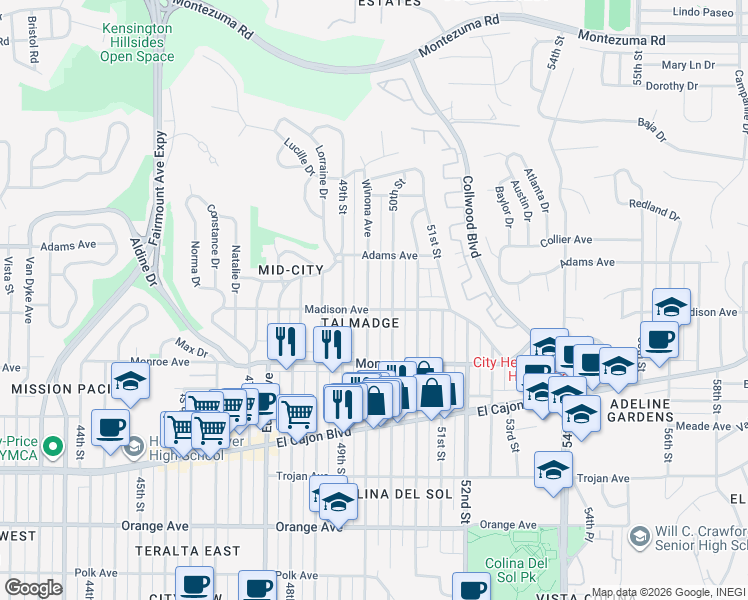 map of restaurants, bars, coffee shops, grocery stores, and more near 4628 50th Street in San Diego