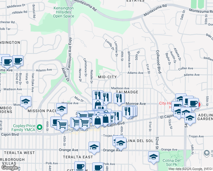 map of restaurants, bars, coffee shops, grocery stores, and more near 4621 Euclid Avenue in San Diego
