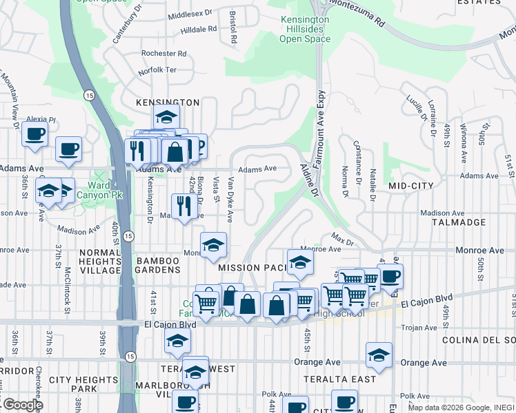 map of restaurants, bars, coffee shops, grocery stores, and more near 4610 East Talmadge Drive in San Diego
