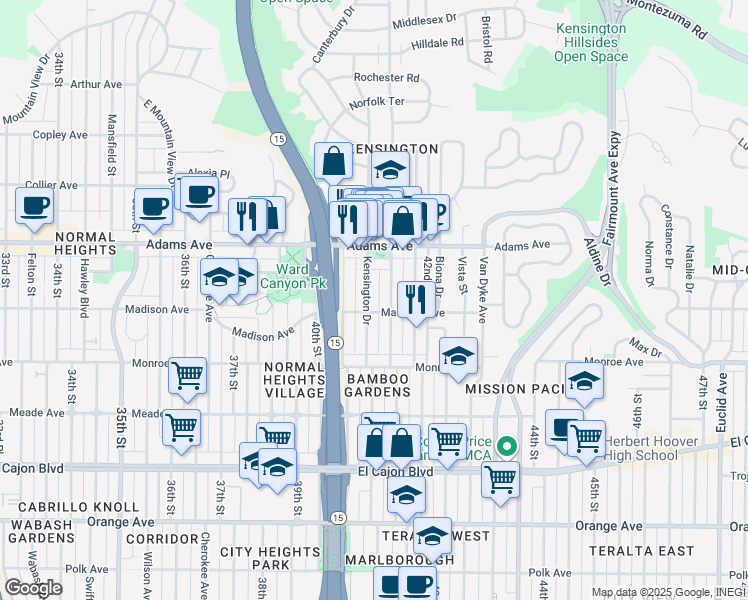 map of restaurants, bars, coffee shops, grocery stores, and more near 4624 Marlborough Drive in San Diego