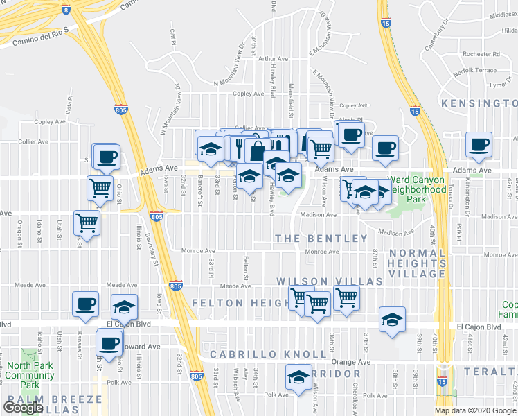map of restaurants, bars, coffee shops, grocery stores, and more near 4620 Hawley Boulevard in San Diego