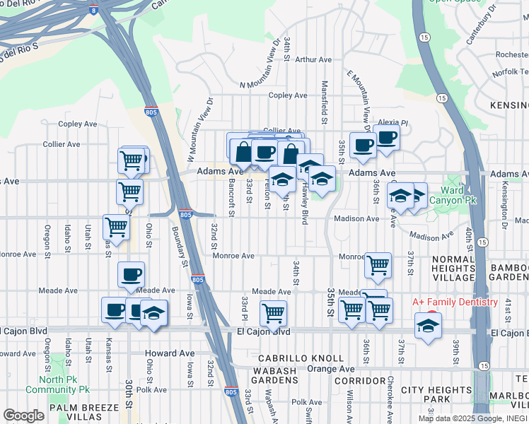 map of restaurants, bars, coffee shops, grocery stores, and more near 4621 Felton Street in San Diego