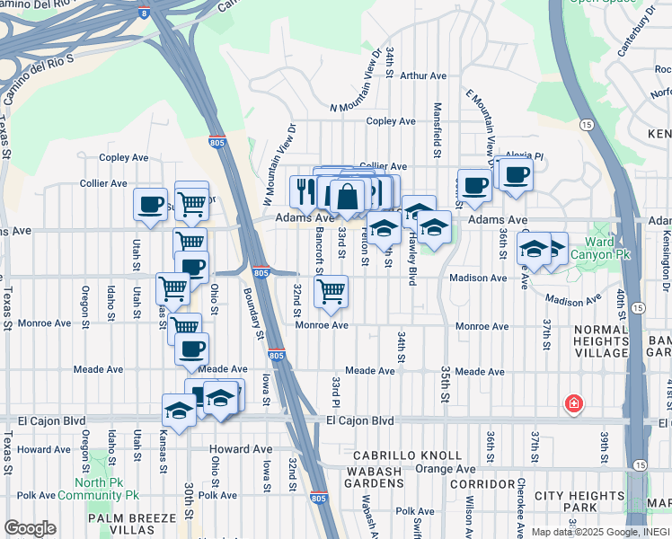 map of restaurants, bars, coffee shops, grocery stores, and more near 4620 33rd Street in San Diego