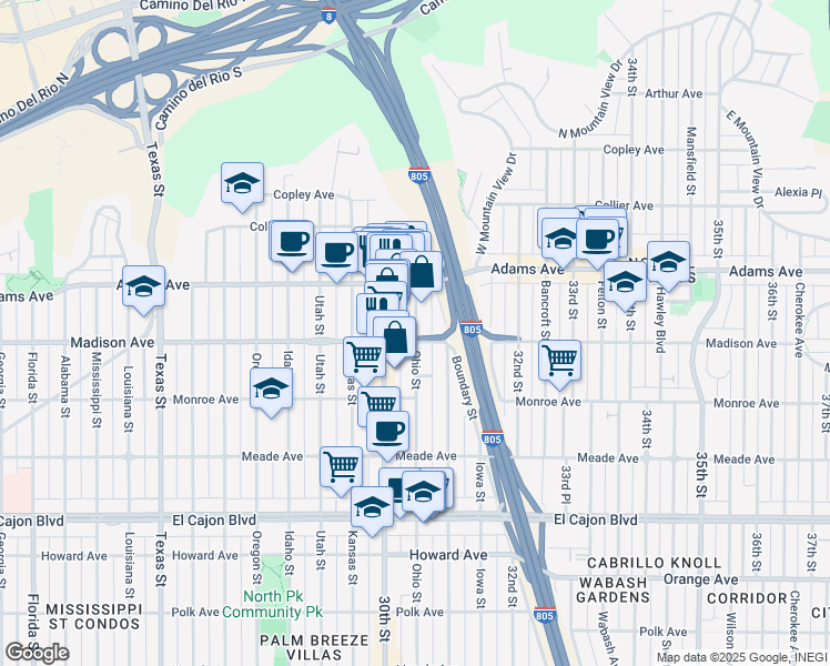 map of restaurants, bars, coffee shops, grocery stores, and more near 4630a Ohio Street in San Diego