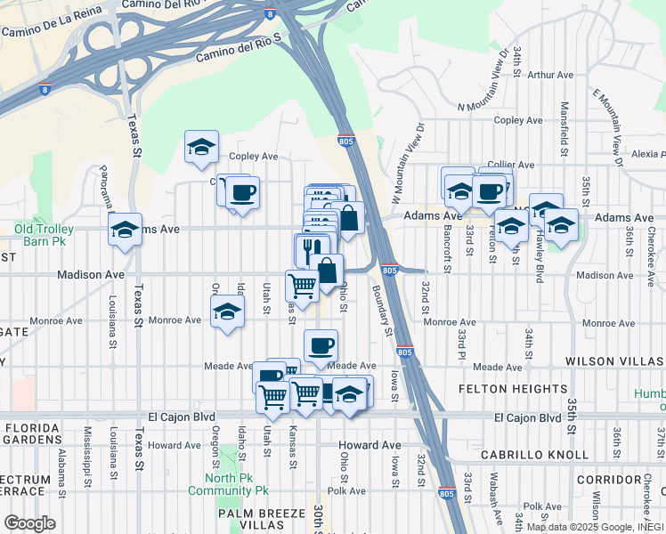 map of restaurants, bars, coffee shops, grocery stores, and more near 4630a Ohio Street in San Diego